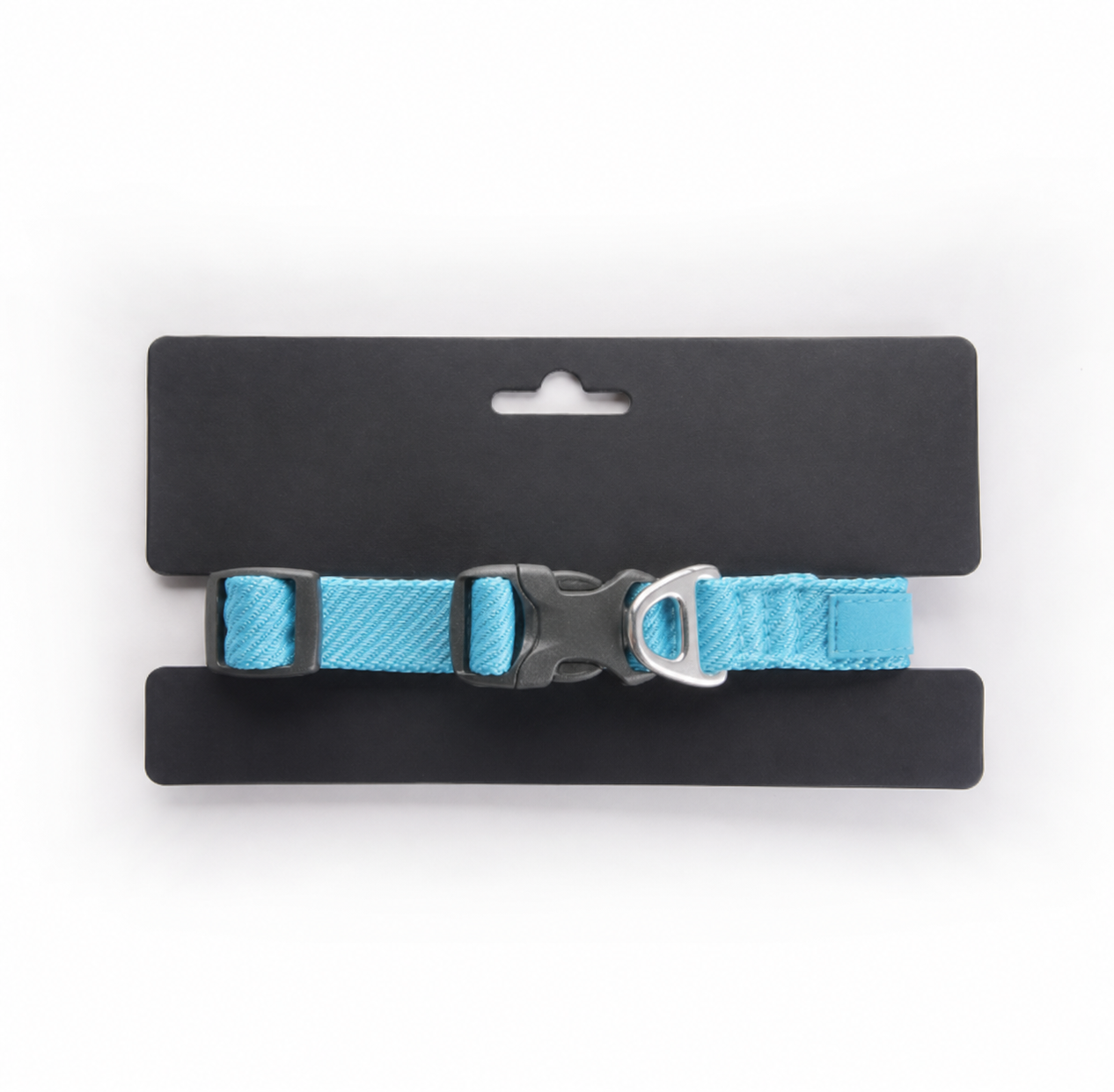 Blue adjustable dog collar with quick-release buckle, D-ring, and label patch