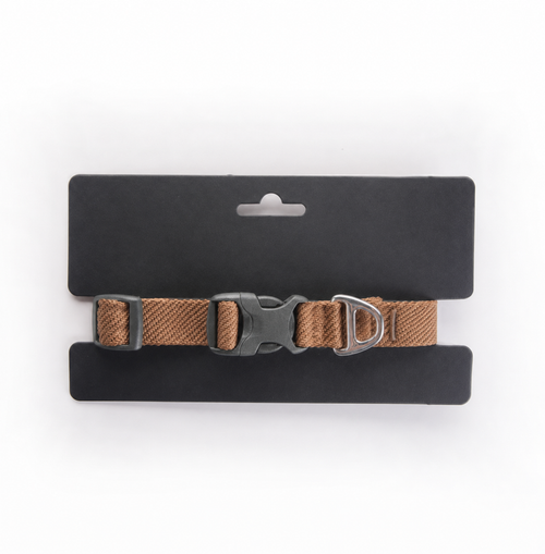 Brown adjustable dog collar with quick-release buckle and metal D-ring