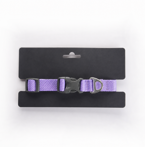 Purple adjustable dog collar with quick-release buckle and metal D-ring