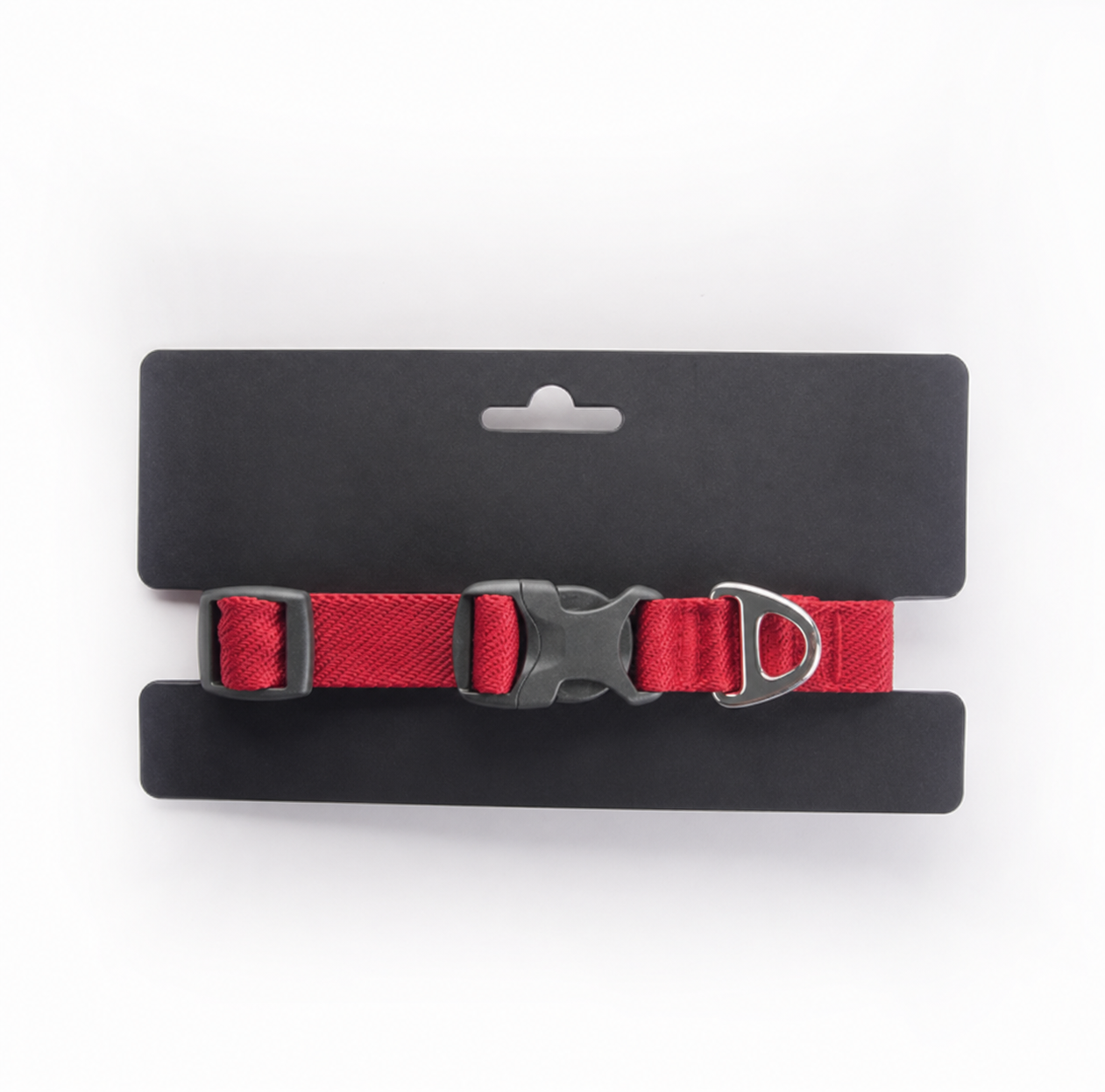Red adjustable dog collar with quick-release buckle and metal D-ring