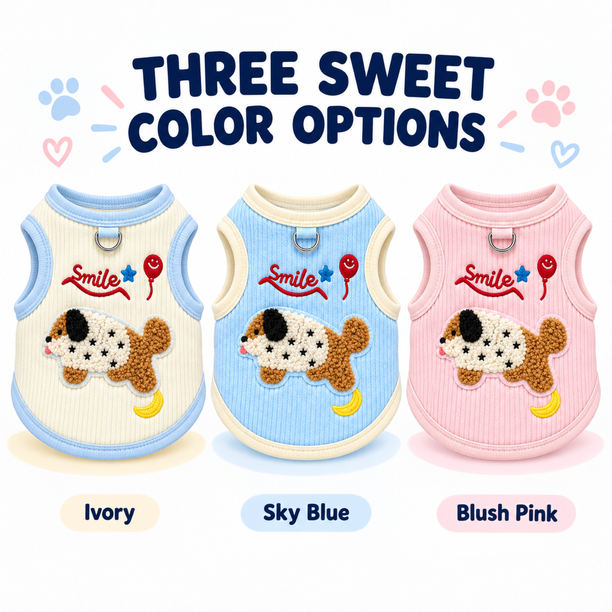 Ivory, sky blue and blush pink embroidered pet vest colors