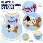 Playful embroidery and plush puppy applique details