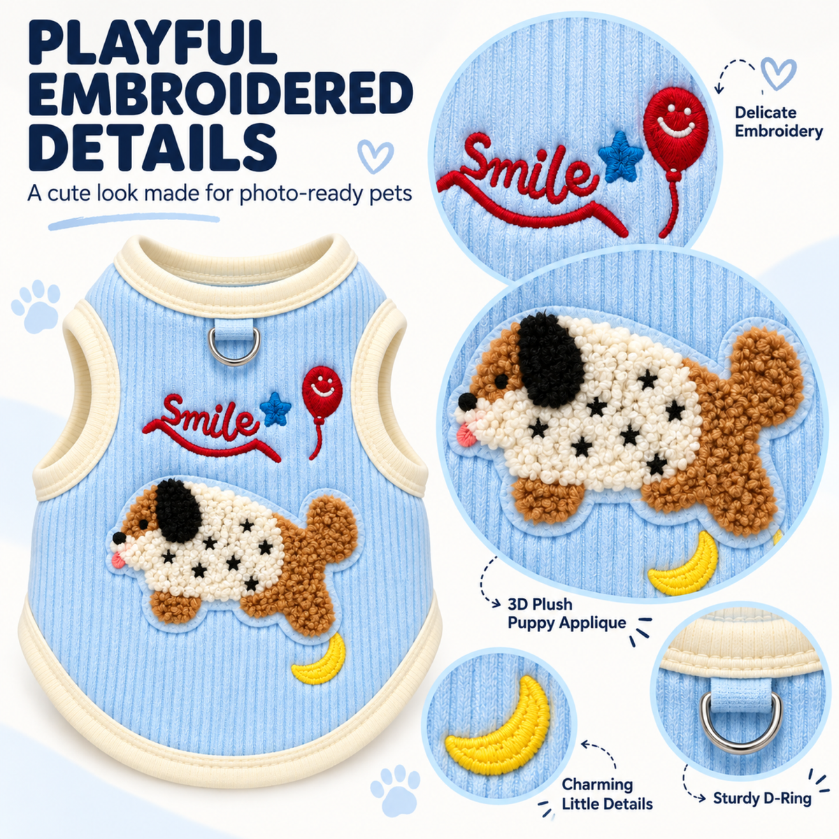 Playful embroidery and plush puppy applique details