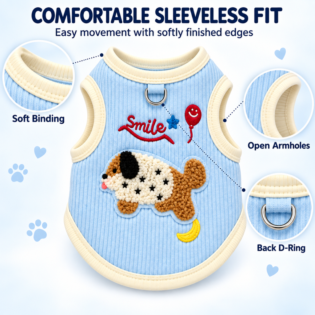 Comfortable sleeveless pet vest with soft binding and back D-ring