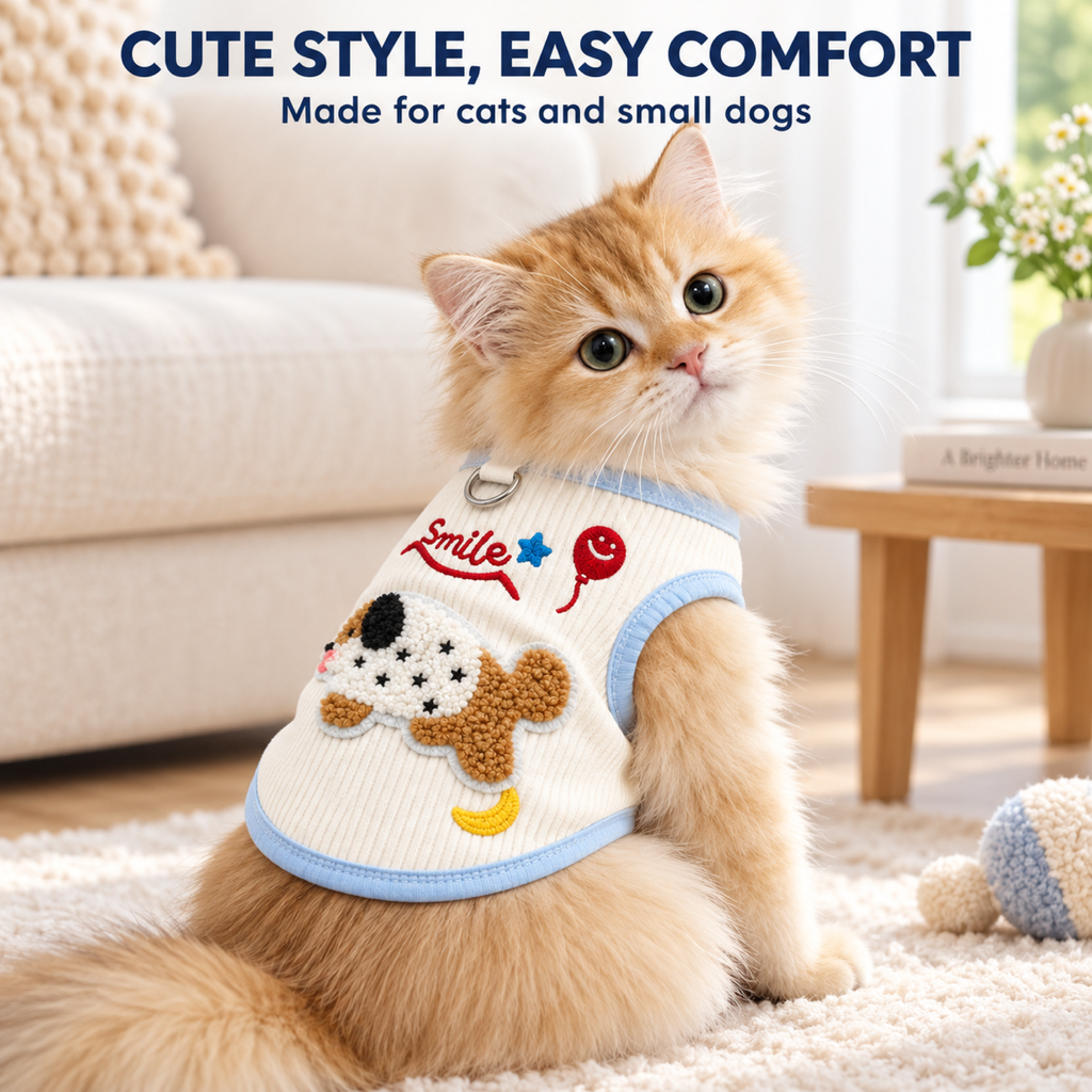 Golden cat wearing ivory embroidered pet vest