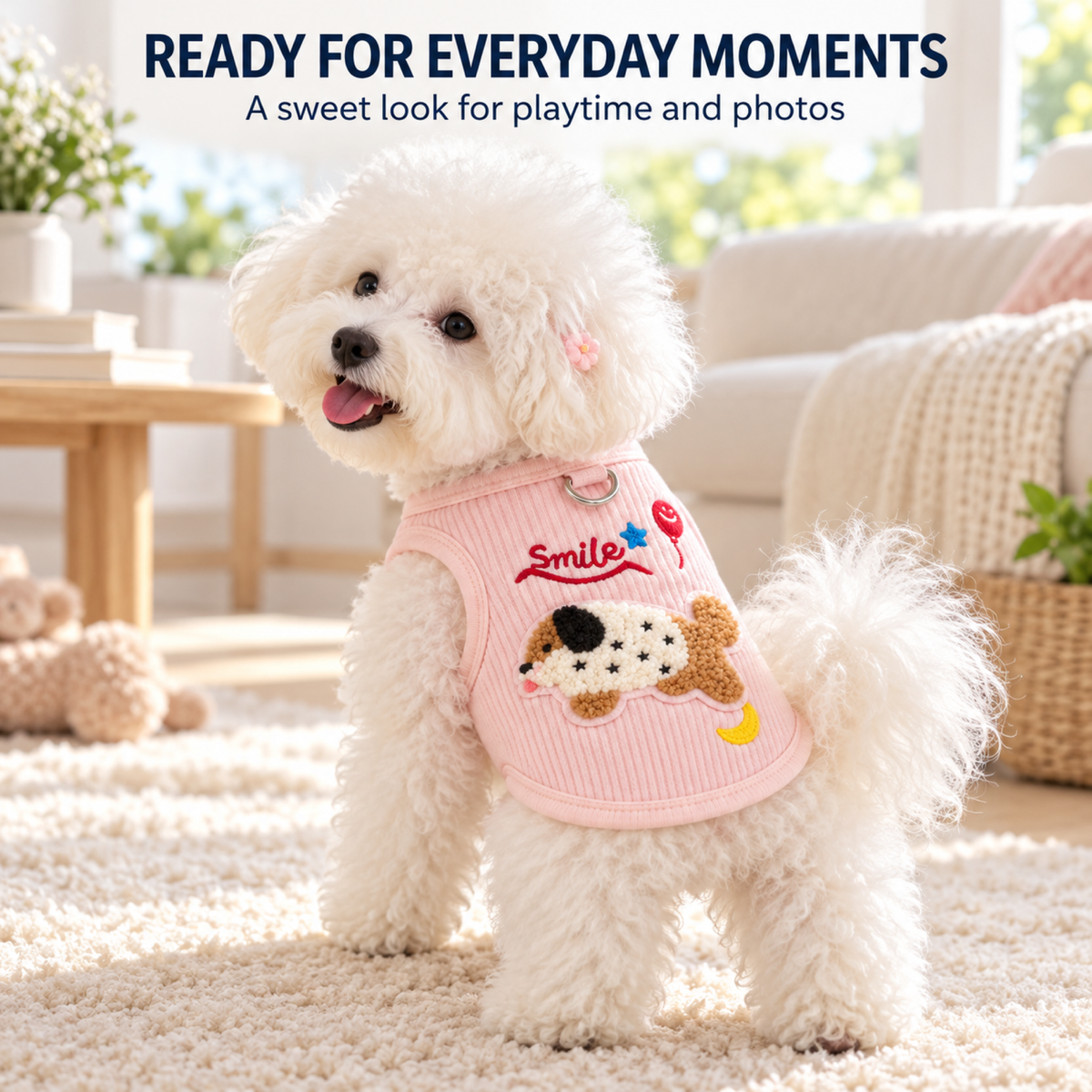 Bichon wearing blush pink embroidered pet vest