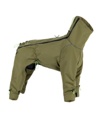 Olive waterproof outdoor dog rain jacket with four-leg coverage